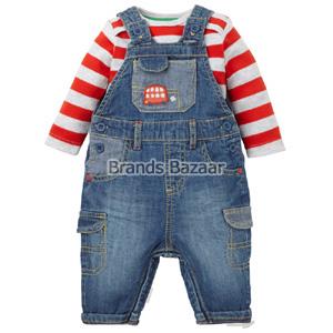 Blue Shaded Denim Dungaree with Red Color Full Sleeves  Strips T-Shirt