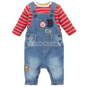 Blue Shaded Denim Dungaree with Red Color Strips T-Shirt 
