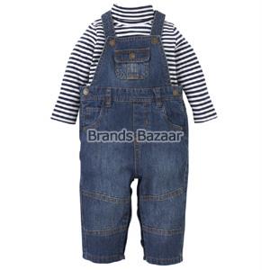 Blue Shaded Denim Dungaree with Black and White Strips T-Shirt 