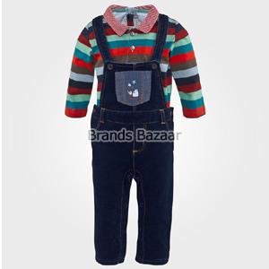 Black Color Denim Dungaree With Full Sleeves Strips T-Shirt