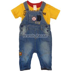 Sky Blue Shaded Denim Dungaree with Yellow T-Shirt