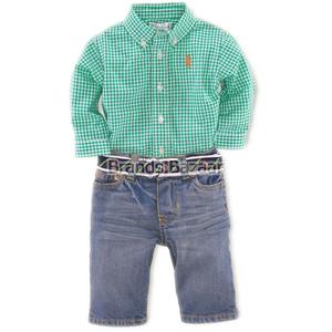 Green Color Checks Shirt with Blue Shaded Jeans 
