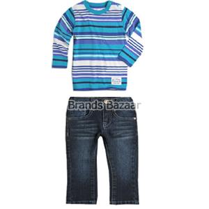 Full Sleeves Blue Strips T-Shirt With Dark Blue Shaded Jeans 
