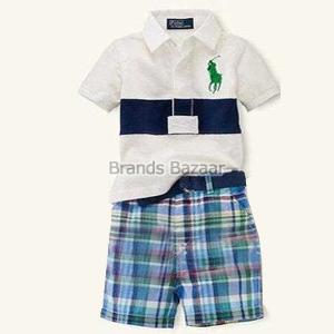 White Strip T-Shirt With Green Color Checks Short