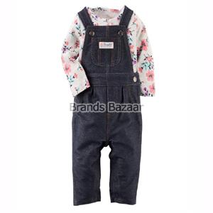 Carbon Black Color Dungaree With Flower Printed Pattern Top 