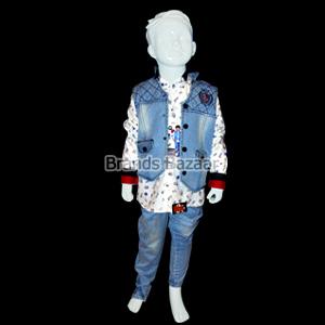 Sky Blue Stretch Jeans and Waistcoat with White Pattern Shirt 