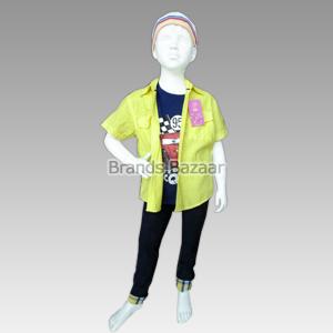 Yellow Half Sleeves Shirt and Dark Blue jeans with folded Pattern and Cars T-Shirt 