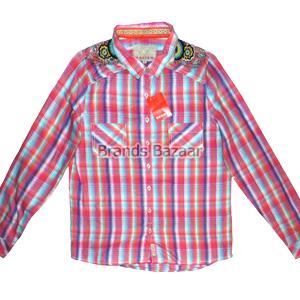 Dark Pink Checks Shirt with Stones  Pattern on Shoulder 