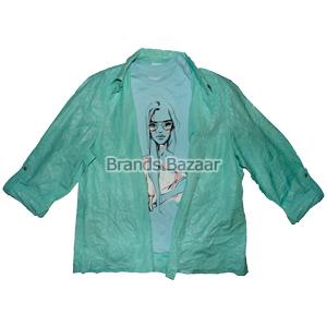 Medium Turquoise Color Shirt With Light Blue Pattern Top 